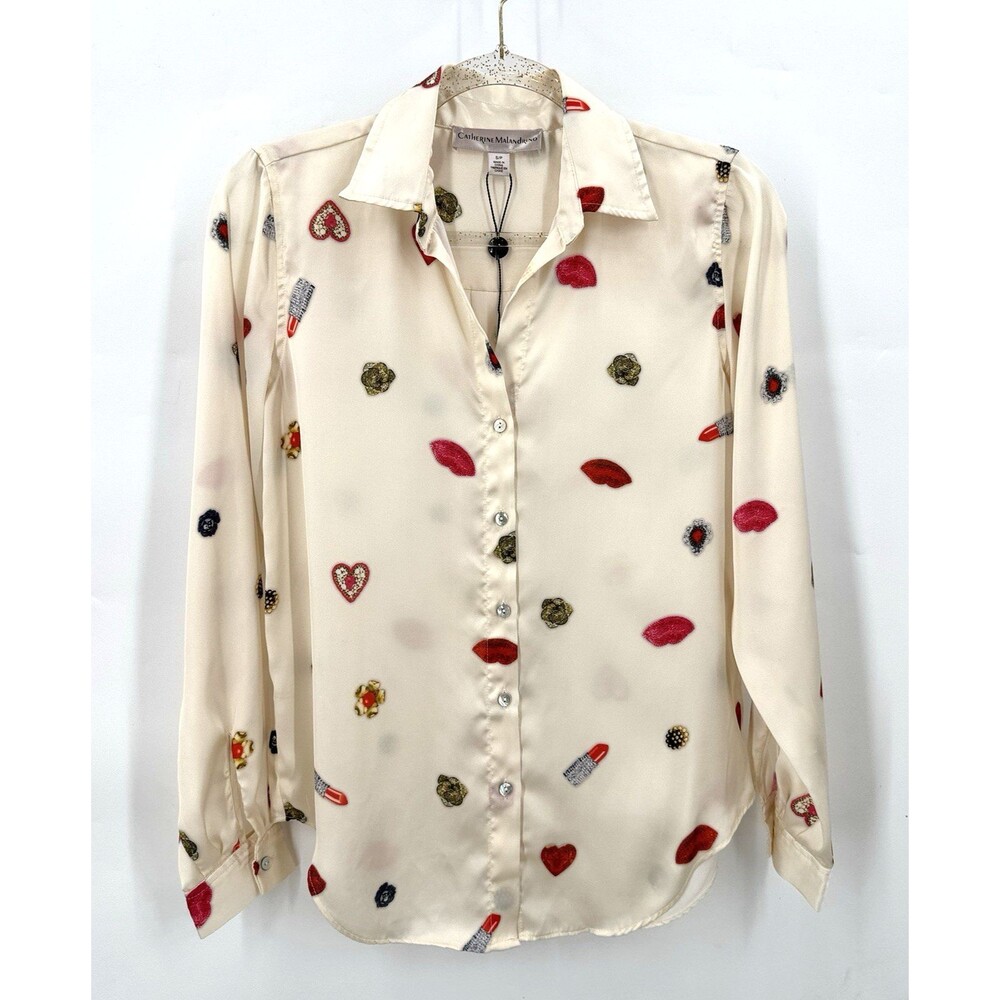 Catherine Malandrino Blouse Women S Ivory Lipstick Hearts Novelty Print Button